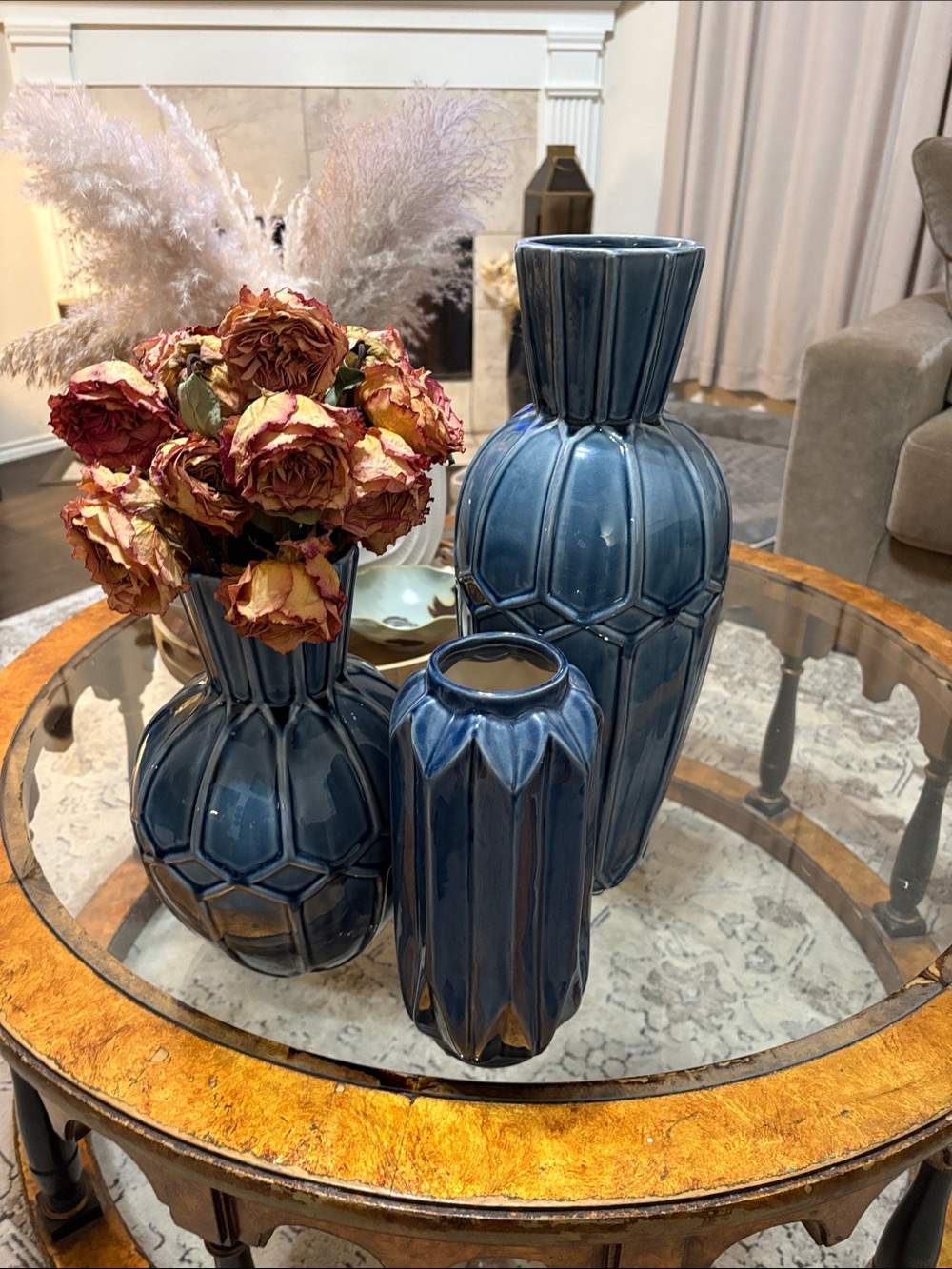 Vase Set of 3 Blue Ceramic